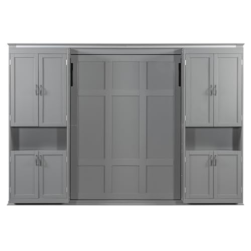 XD Designs Modern Full Murphy Bed with Dual Sliding Doors Storage Cabinets, Wood Hidden Wall Bed with Dual 6-Tier Side Shelves, Large-Capacity Space-Saving (Gray-12.9) XD Designs