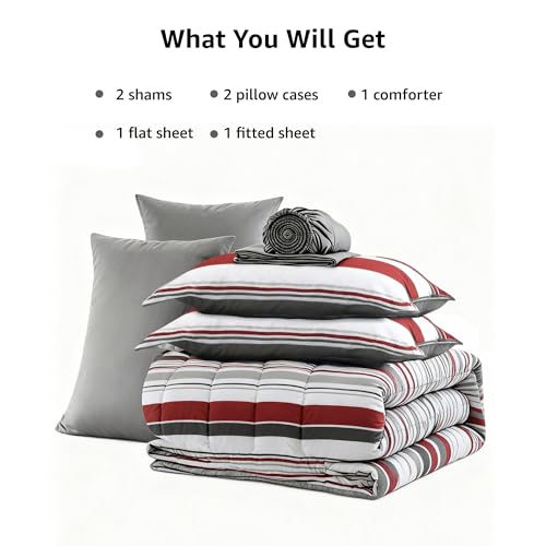 Monbix Queen Comforter Set - 7 Pieces Bed in a Bag Queen, Red and Black-Stripe Bedding Sets, All Seasons Comforter Bed Set with Sheets, Pillowcases & Shams Monbix