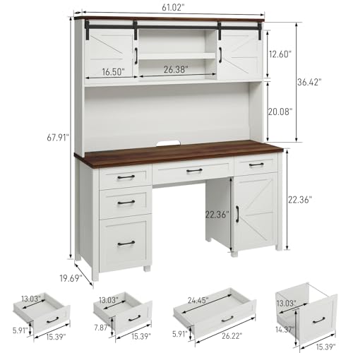 Farmhouse 67" H Executive Desk with Hutch,Office Desk with 5 Drawers, Computer Desks with Storage Cabinet & File Drawers and Charging Station, Workstation for Home Office and Study.(Unique White). Vabches