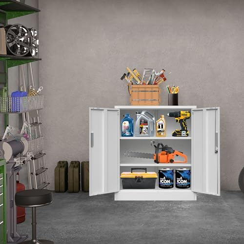 iDEKAI Metal Storage Cabinet with Lock, 36" Garage Storage Cabinets with 2 Lockable Doors and 2 Adjustable Shelves,Tall File Cabinet, Tool Cabinet for Office,Home,Garage,Gym,School (White) iDEKAI