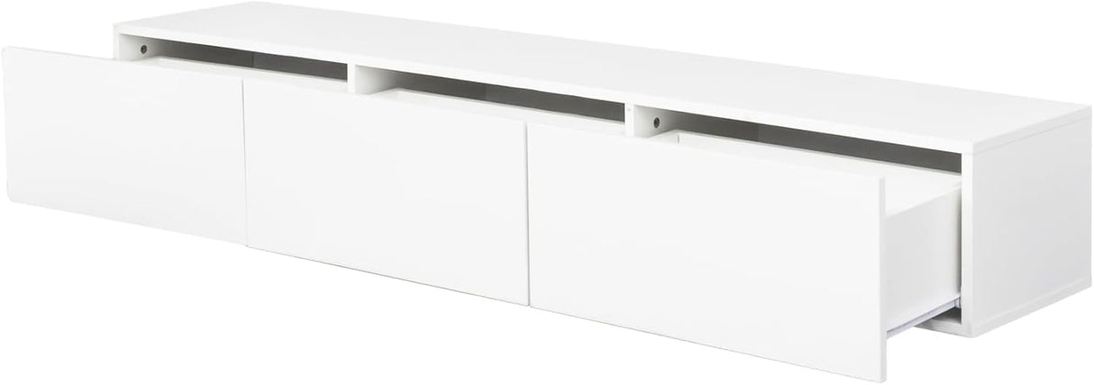 DMAITH Floating TV Stand with LED for 60 65 70in TV, Glossy Wall Mounted Modern Entertainment Center with 3 Drawers, White DMAITH