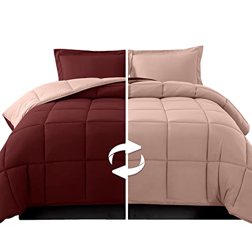 Elegant Comfort 3-Piece Reversible Comforter Set, All Season Cozy, Soft Down Alternative, Quilted - Box Stitched - Duvet Insert with 4 Corner Tabs, Comforter with Shams, Twin XL, Burgundy/Dusty Rose Elegant Comfort