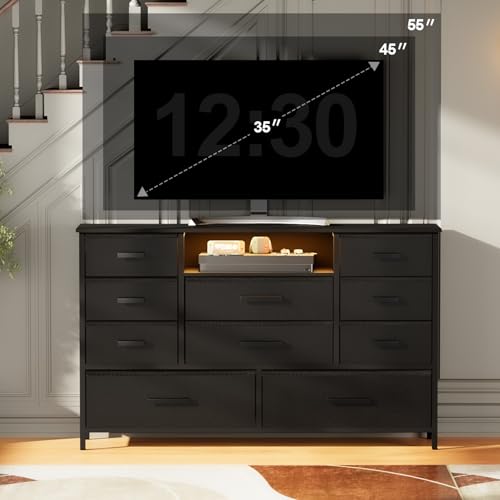 Harpaq Dresser with Charging Station, Black Dresser for Bedroom with 10 Drawers, TV Stand Dresser with LED Light for 55" TV, Fabric Drawer Dresser with PU Finish, Chest Dresser for Bedroom, Closet Harpaq