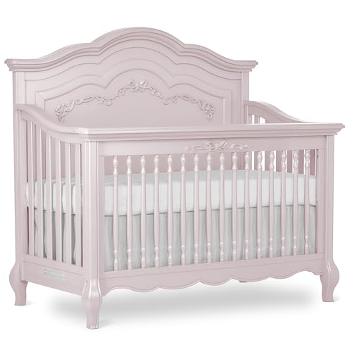 Evolur Aurora 5-in-1 Convertible Full-Size Baby Crib in Dusty Rose, GreenGuard Gold & JPMA, 3 Mattress Heights, Ribbon Bow Scrollwork & Queen Anne Feet, Converts to Toddler, Day & Full-Size Bed