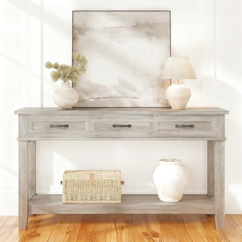 IDEALHOUSE entryway Table, Entry Table with Drawers 3-Drawer Storage & Open Shelf, 2-Tier Sofa Table Behind Couch Narrow Long, Farmhouse entryway Console for Hallway Foyer Living Room, Grey IDEALHOUSE