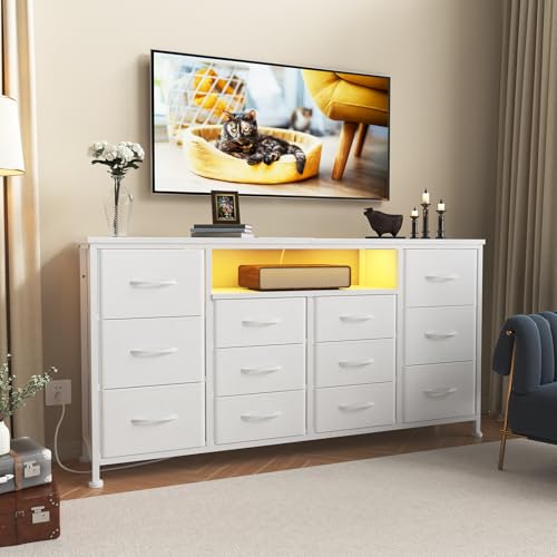 WODRAWER TV Stand Dresser for Bedroom with 12 Drawers for 60" TV, Fabric Drawers Entertainment Center with Power Outlets & LED Lights & Open Shelves, Long Dresser for Console, Living Room WODRAWER