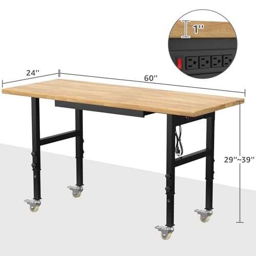 60" Adjustable Workbench,Heavy-Duty Work Table,3000 LBS Load Capacity Hardwood Workstation Outlets with Power Strips, Drawers and Wheels,for Workshop, Garage Gymplis