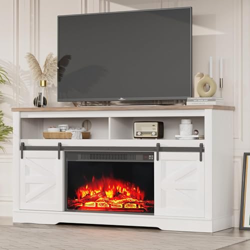 YESHOMY Fireplace TV Stand for Television up to 65+ Inch with Storage and Farmhouse Sliding Barn Doors, Entertainment Center with Cabinet and Shelves, Media Console for Living Room, White YESHOMY