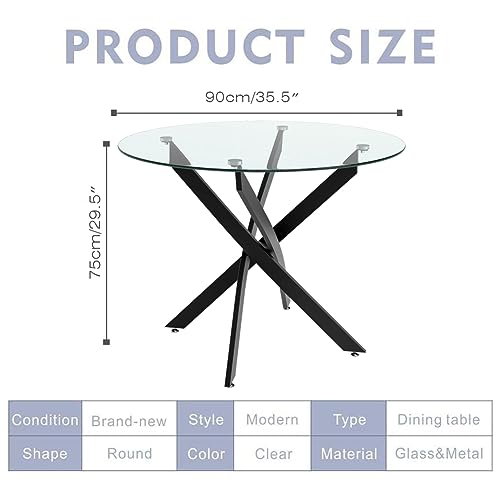 NIERN Round Tempered Glass Dining Table Set for 4, 5-Piece Modern Kitchen Table Set with 4 Upholstered Chair for Kitchen Dining Room (Deep Black) NIERN