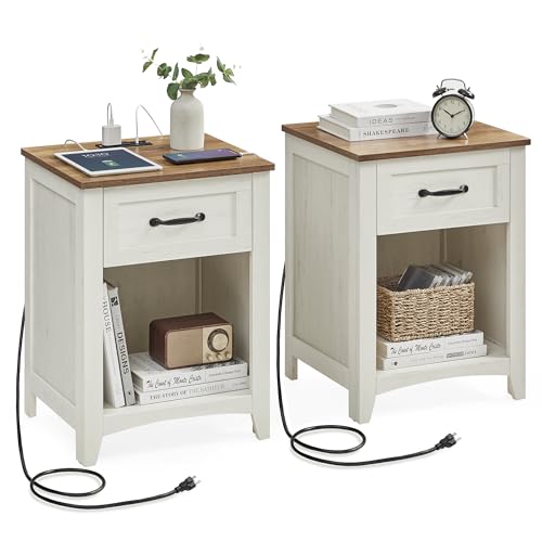 VASAGLE Farmhouse Nightstands with Charging Station, Set of 2, Bedside Tables with Drawer, Open Compartment, Side Tables with Storage, for Bedroom, Rustic White and Honey Brown ULET859K41 VASAGLE