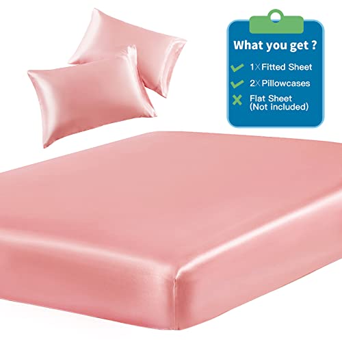 SiinvdaBZX 3-Piece Set Satin Twin Fitted Sheet & 2 Pillowcase, Blush Pink Silky Soft Fitted Bottom Sheet, Wrinkle Free, Fade Resistant, Deep Pocket Bed Sheet (Deep Up to 15") SiinvdaBZX