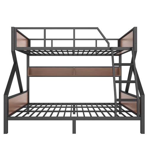 Bellemave Full XL Over Queen Size Bunk Bed with Storage Shelves and LED Lights,Heavy Duty Adult Bunk Beds with Angled Ladder,Metal Queen Bunk Bed,Black Bellemave