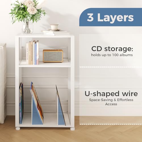 DUMOS 3 Tier Side Table, 1 Pack Record Player Stand with Storage Up to 100 Albums,Turntable Stand for Vinyl,Brown Records Shelf for Living Room Bedroom White DUMOS