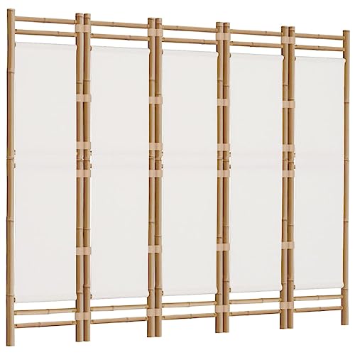 vidaXL 5-Panel Folding Room Divider in Cream White - Bamboo and Canvas Indoor/Outdoor Privacy Screen Partition - Stylish Farmhouse Decor for Living Room, Garden, Balcony - Easy to Assemble vidaXL