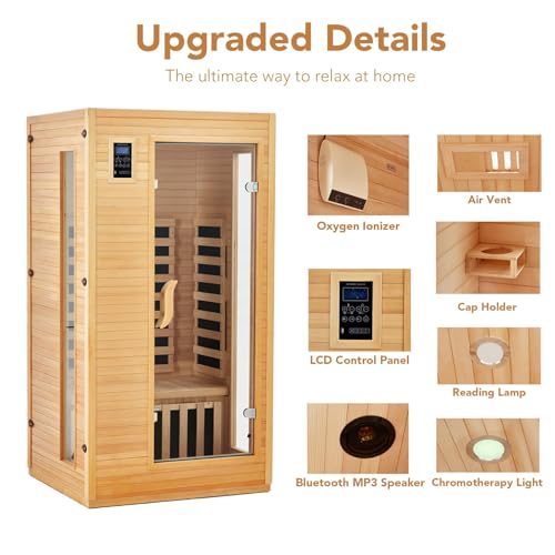 1 To 2 Person Infrared Sauna for Home, Low EMF Far Infrared Therapy with 6 Heating Plates, Canadian Hemlock Wood Dry Sauna Room with Chromotherapy Light, Bluetooth Speaker & Dual Controls, Home SPA PeacefulHues