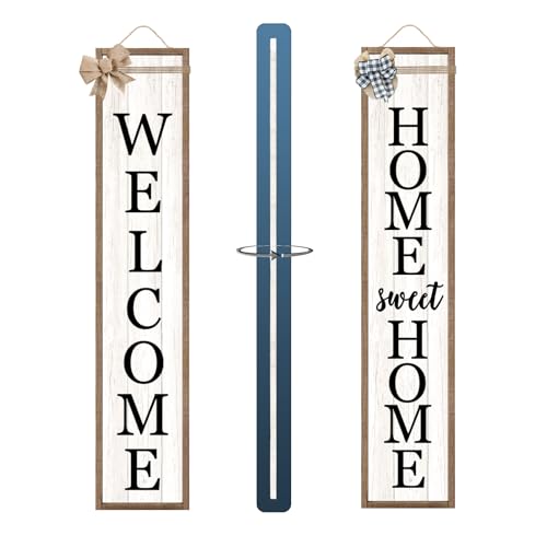 Outdoor Welcome Sign for Front Porch Standing Large 2 Sided 45"X9" Wooden Frame Tall Vertical Leaner Long Home Sweet Home Front Door Sign for Rustic Outside Farmhouse Modern Decor (Wood White) Surfapans