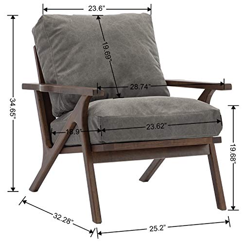 Wahson Mid Century Chair, Upholstered Accent Armchair, with Wood Frame and Canvas Cushions, Leisure Slipper Chair for Living Room/Bedroom, Grey Wahson
