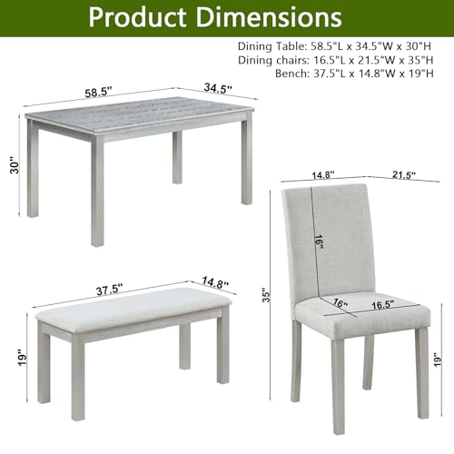 Ball & Cast 6 Piece Dining Table Set,Kitchen Table Set for 6 W/ 58.5" Rectangular Wooden Dining Table,Living Room Furniture W/ 4 Upholstered Chairs & 1 Bench,for Dining Room,Kitchen,Silver Grey Ball & Cast