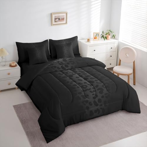 Twin Size Black Leopard Bedding Set 7 Pieces Bed in a Bag, Cheetah Bedding Set with Sheets All Season, Animal Print Bed Sets with Comforter, Fitted Sheets, Flat Sheets, Pillow Shams and Pillowcases Feelyou