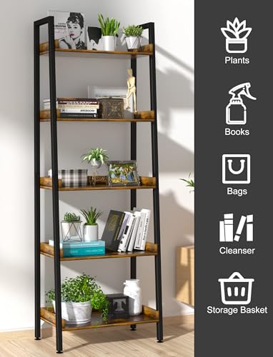 ASTARTH Ladder Shelf-5 Tier Bookshelves w/Open Shelf for Storage, Industrial Bookshelf & Tall Ladder Shelf-Metal Frame for Bedroom, Living Room, Kitchen-67.3'' H, Easy Assembly, Rustic Brown (HD021) ASTARTH