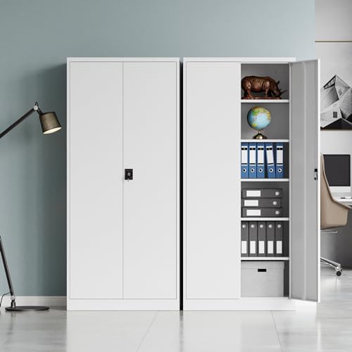 MIIIKO Tall Steel Storage Cabinet with 5 Shelf, Lockable White Metal Tool Cabinet for Garage, Locking 2 Door Office Storage, Utility Locker Cabinet with Keys MIIIKO