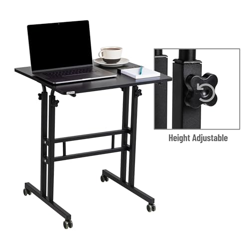 Mind Reader Standing Desk, Adjustable Height Laptop Workstation, Portable Rolling Desk on Wheels, Two-Tier Metal Frame, Black Mind Reader