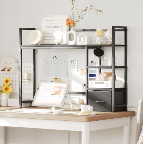 Desk Shelf with Drawer, 41.3" Desktop Organizer Shelf, Desk Hutch for Computer Monitor Max 32", 3 Tier Desktop Display Rack, Wooden Desk Top Bookshelf Storage Rack for Home Office Dorm, Black Mexin