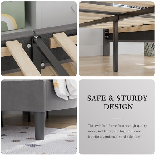 VECELO Twin Size Bed Frame with Upholstered Headboard, Heavy-Duty Bedframe with Wooden Slats & Steel Framework, Easy Assembly, Dark Grey VECELO