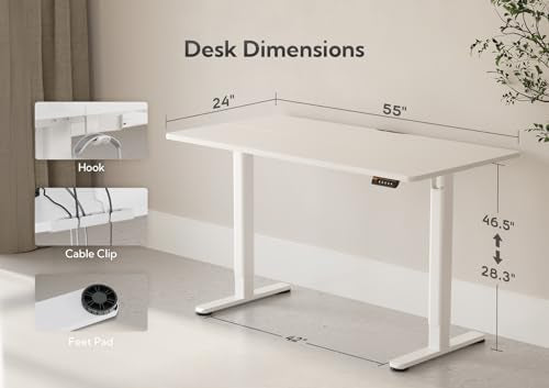 Claiks Electric Standing Desk, Adjustable Height Stand up Desk, 55x24 Inches Sit Stand Home Office Desk with Splice Board, White Frame/White Top Claiks