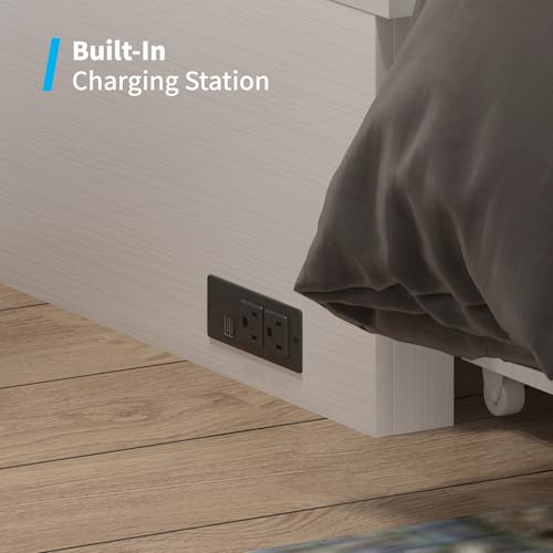 Mjkone Queen Murphy Bed Cabinet, Murphy Beds with USB Charging Station, Modern Cabinet Bed with Drawers & Tri-Folding Mattress, Cube Chest Cabinets Wall Beds for Home Apartment, White Mjkone