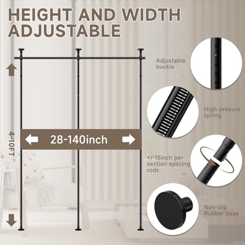 Room Divider for Room Separation,No Drilling Curtain Rod Wall Divider Metal Rod, 4-10ft(H) 28-140inch(W) Adjustable, Heavy Duty Partition Space Separator Freestanding Tension Curtain Stand (Black) Toyear