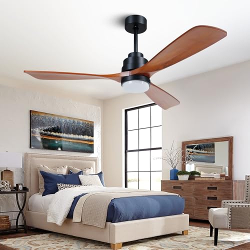ALUOCYI Wood Ceiling Fan with Light,Energy Saving,Ultra-Quiet DC Motor,3 Blades,6 Speed,Outdoor/Indoor Ceiling Fan for Patio,Deck,Porch,Bedroom,Living Room,Brown Walnut and Black ALUOCYI