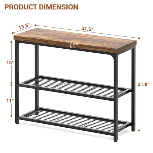 Besiost 32" Small Console Table with Storage, 3-Tier Industrial Narrow Entryway Table with Mesh Shelves, Sofa Table Behind Couch for Hallway Foyer Living Room, Sturdy Metal Frame, Rustic Brown Besiost