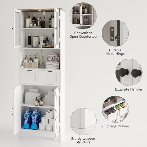 Maupvit 67" Tall Bathroom Storage Cabinet with 4 Doors & 2 Drawer, Freestanding Pantry Cabinet, Linen Storage Cabinet with Adjustable Shelves for Living Room, Kitchen, White Maupvit