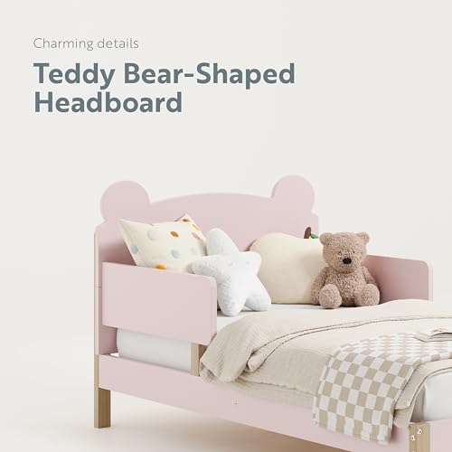 Storkcraft Teddy Bear Toddler Bed (Blush with Driftwood) - GREENGUARD Gold Certified, Includes Toddler Safety Guardrails, Fits Standard Crib & Toddler Mattress, Stylish 2-Tone Design Storkcraft