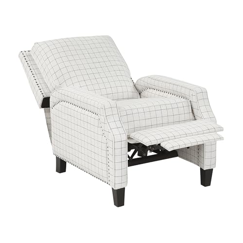 Lexicon Pushback Recliner Chair, Plaid Textured Fabric Armchair Push Back Reclining Chair, Nailhead Trim, Solid Wood Legs, Easy Assembly for Living Room/Office/Apartment, Off-White Lexicon