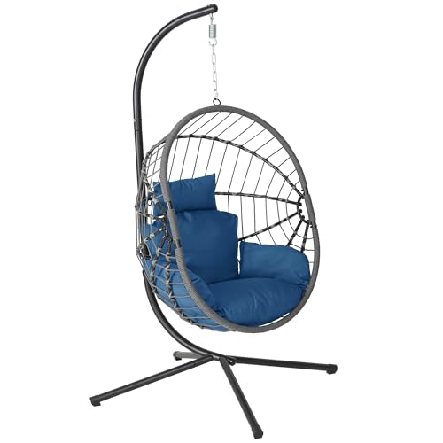 DoubleTT Hanging Egg Chair with Stand - 350lbs Capacity Outdoor Patio & Indoor Living Room Furniture, Waterproof PE Rattan Wicker Swing Seat with Cushion, Foldable Seat for Garden, Balcony, Backyard
