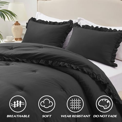 HARBOREST Full Comforter Set Black - Ruffle Bedding for All Seasons, 3 Pieces Shabby Chic Set (1 Comforter & 2 Pillow Shams) HARBOREST