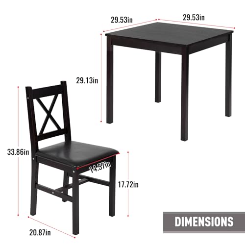 FDW | 3-Piece Solid Wood Dining Table | Dark Brown | Pine Kitchen Table with Upholstered Chairs | Space-Saving Design | Smooth Easy-to-Clean Surface | for Dining Room, Apartment, Restaurant FDW