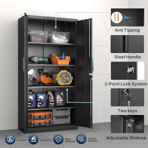 HOMOFFICE Metal Garage Storage Cabinet with Lock, 71" Tall Steel Storage Locker with 4 Adjustable Shelves, Heavy Duty Metal Cabinet for Garage, Office, Home, 31.5”W × 16.5”D, Black HOMOFFICE
