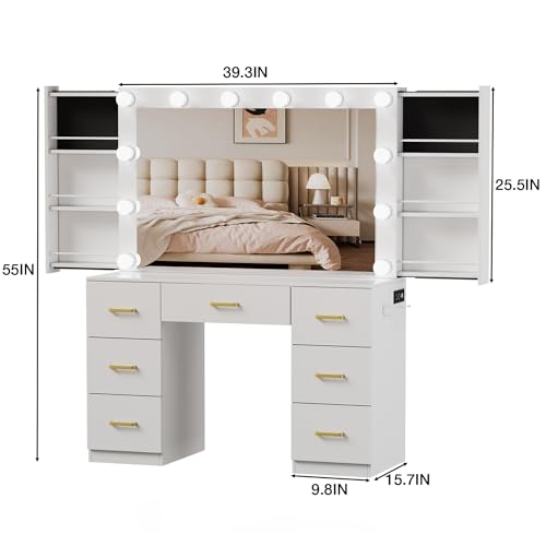 FURNJOYLIFE White Makeup Vanity Desk with Lighted Mirror & Power Outlet,3 Color Modes, Brightness Adjustable,Vanity Table with Drawer,Sliding 2 Storage Wall-Mounted Jewelry,4 Shelves for Bedroom FURNJOYLIFE