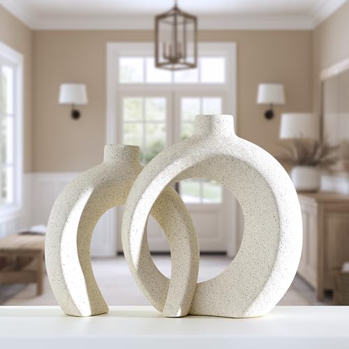 Interlocked Decorative Vase Set of 2 | Matte Sand-Textured Ceramic Vases for Modern Japandi & Boho Home Decor, Standalone or with Flowers for Mantel, Shelf, Entryway Console Table (Matte Cream White) Jonronboci