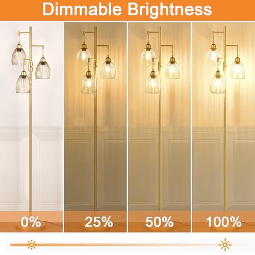 Dimmable Industrial Floor Lamps for Living Room, Gold Tree Standing Tall Lamps with 3 Elegant Teardrop Cage Head & 800 Lumens LED Bulbs for Bedroom Office Torondo
