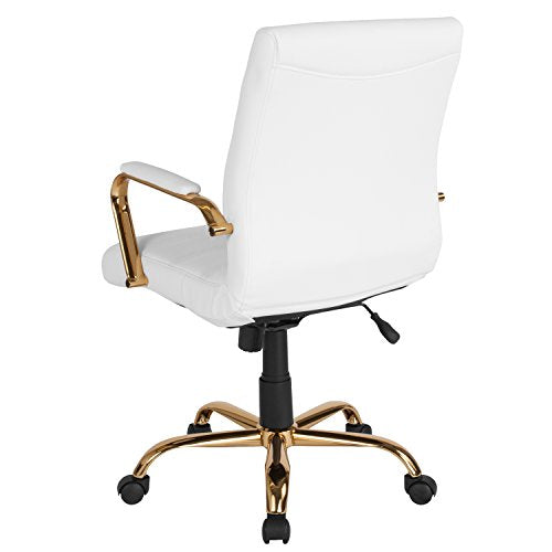 Flash Furniture Whitney Mid-Back Swivel LeatherSoft Desk Chair with Padded Seat and Armrests, Adjustable Height Padded Office Chair, White/Gold Flash Furniture