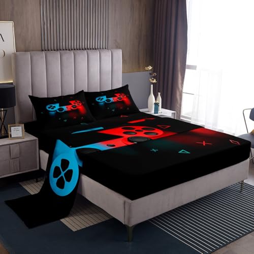 Gaming Bedding Sets for Boys Gamer Sheet Set King,Blue Red Gamepad Bed Sheet Sets Kid Men Video Games Fitted Sheet for Teen Child Game Room Decor Black Classic Retro Gaming Flat Sheet with Pillowcase Erosebridal