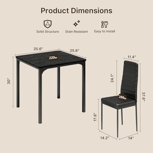 Gizoon Kitchen Table for 2, Table and Chairs Set of 2, 3 Piece Dinner Table Set with 2 Upholstered PU Leather Chairs for Dining Room, Living Room, Apartment, Small Space, Black Gizoon