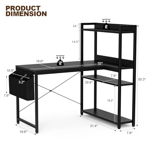 Grandder 40 Inch L Shaped Computer Desk with Reversible Storage Shelves, Home Office Corner Desk Study Writing Table with Hutch, Study, Black Grandder