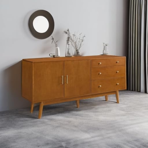 Walker Edison Mid-Century Modern Wood Kitchen Buffet Sideboard Entryway Serving Storage Cabinet Doors-Dining Room Console, 70 Inch, Acorn Walker Edison