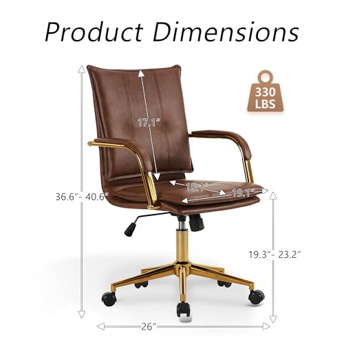 MOJAY Mid-Back Ergonomic Leather Office Chair, Modern Upholstered Executive Desk Chair with Gold Frame Armrest Computer Task Chair (Camel) MOJAY