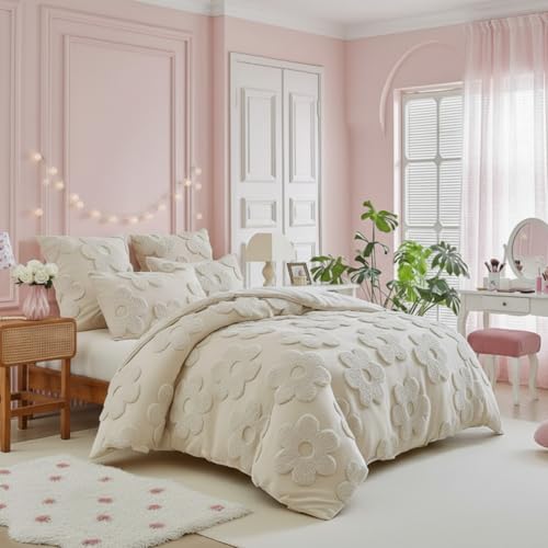Frienda Spring Floral Full Comforter Cover Set for Girl Women 3 Pcs Tufted Khaki Floral Bedding Set Embroidery Boho Warm Tufted Bedding Include 1 Comforter Cover 2 Pillow Case for Home Gift Frienda
